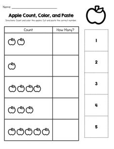 an apple count, color and paste worksheet for kids to practice counting numbers