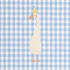 a white duck wearing a party hat on top of a blue and white checkered table cloth