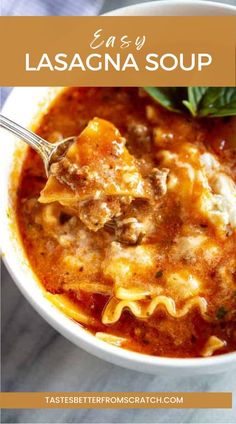 a bowl of lasagna soup with a spoon in it