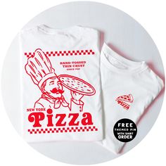 Retro NYC Pizza Restaurant Shirt 🍕 Design featuring stylized text and artwork of a Pizzaiolo Chef, proudly displaying the year 1905 - the birth year of New York-style pizza.  This artistic piece combines vintage charm with modern flair, celebrating the rich history of a beloved culinary tradition.  Perfect for pizza lovers and history buffs alike, this shirt adds a touch of nostalgia and style to any wardrobe. Each shirt comes with a free wooden pin-badge of the design. The pin is also availabl Restaurant Shirt Design, Food Shirt Design, Retro Tshirt Design, Retro Nyc, Pizza T Shirt, Nyc Pizza, Retro Shirt Design, Pizza Tshirt, Pizza Shirt