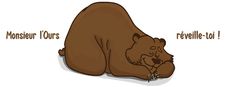 a brown bear laying down with the words monsieur tours on it's back side