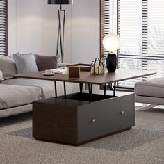 a living room filled with furniture and a lamp on top of a wooden coffee table