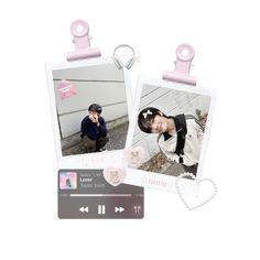 two photos are attached to the side of a keychain with an mp3 player next to them