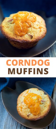 corn dog muffins on a black plate