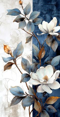 a painting of white flowers on a blue and white background