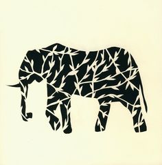 an elephant made out of branches on a white background with black and white lines in the shape of leaves