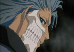 an anime character with blue hair holding his hand to his face