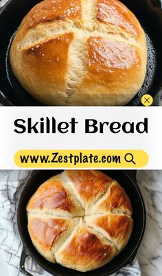 skillet bread in a cast iron skillet with text overlay