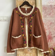 Retro Embroidered Sweater Coat Round Neck on Storenvy Cottagecore Aesthetic Clothes, Cottagecore Clothes, Cottagecore Outfits, Mori Kei, Floral Sweater, Stylish Blouse, Graduation Outfit, Rory Gilmore, Bella Swan