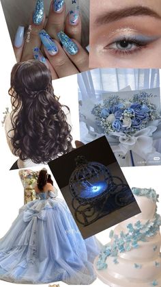 a collage of blue and white wedding gowns with flowers on the bottom, an elaborate ring