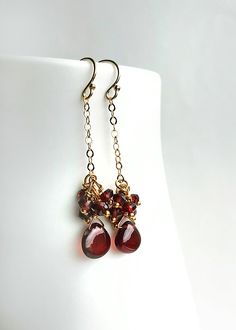 Rich red garnet earrings for the holidays! #giftforwife #holidaygift Dark Red Earrings, Garnet Drop Earrings, Red Garnet Earrings, Diamond Shape Earrings, Red Jewelry, Garnet Jewelry, Earrings Inspiration, Red Gemstones, January Birthstone