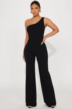 Available In Black. One Shoulder Jumpsuit Sleeveless Flare Leg Stretch Inseam= 34" Self: 95% Polyester 5% Spandex Lining: 100% Polyester Imported | Stay Away Jumpsuit in Black size XS by Fashion Nova Stretch Strapless Elastane Jumpsuit For Night Out, Stretch Elastane Strapless Jumpsuit For Night Out, Sleek Black Elastane Jumpsuits And Rompers, Black Fitted Strapless Jumpsuit In Elastane, Black Fitted Strapless Jumpsuit, Black Strapless Fitted Jumpsuit, Black Fitted Strapless Elastane Jumpsuit, Black Sleeveless Elastane Jumpsuits And Rompers, Sleeveless Bodysuit For Evening