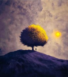 a painting of a tree on top of a hill with the sun in the background