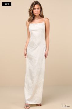 It's impossible not to fall in love with your beauty in the Lulus Whimsical Radiance Cream Satin Embroidered Maxi Dress! An elegant floral-embossed pattern adorns sleek woven satin as it shapes this romantic dress with slender, elasticized straps and a straight neckline (with hidden no-slip strips). Floral-inspired embroidery accents the fitted bodice that flows into a figure-skimming A-line skirt with an effortless maxi hem. A deep V-back lends an alluring final finish. Hidden back zipper/clasp Maxi Dress Satin, Green And Lavender, Cute White Dress, Casual Formal Dresses, Embossed Pattern, Maxi Skirt Dress, Lulu Fashion, Embroidered Maxi Dress, Casual Wedding Dress