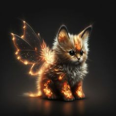 a small kitten sitting on top of a black floor next to a firework butterfly