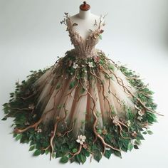 Olden Time Dresses, Forest Inspired Dress, Nature Dress Aesthetic, Mushroom Wedding Dress, Enchanted Forest Aesthetic Outfit, Nature Dress Forests, Forest Theme Dress, Nature Themed Dress, Mother Nature Dress