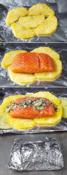 three images of salmon and pineapple on foil