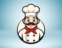 the chef is wearing a red bow tie and white coat with a mustache on his head