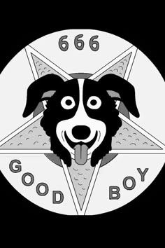 a black and white dog with the words good boy on it