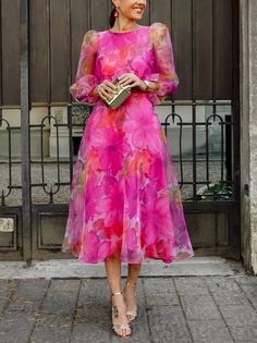 Elegant Notched Regular Fit Floral Midi Dress | stylewe Mesh Floral Dress, Organza Styles, Chiffon Long Dress, 파티 드레스, Women's Evening Dresses, Puff Sleeve Dresses, Crewneck Dress, Evening Dresses Elegant, Moda Vintage