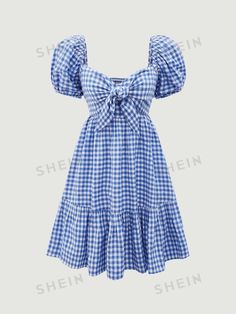 Free Returns ✓ Free Shipping✓. SHEIN MOD Gingham Print Puff Sleeve Knot Front Ruffle Hem Dress- Women Short Dresses at SHEIN. Lana Concert, Style Salopette, Clothes Cottagecore, Cute Dress Outfits, Blue And White Dress, Halloween Inspo, Vestidos Vintage, Ruffle Hem Dress, Fashion Wishlist