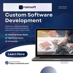 a laptop with the words custom software development on it and an image of a person holding a