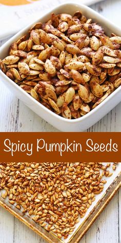 a bowl filled with pumpkin seeds sitting on top of a table