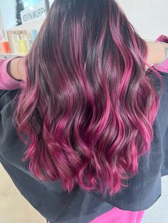 pink balayage hair #pinkhair #pink #hairgoals Brown Hair Colors With Pink Highlights, Pink Hair With Lowlights, Maroon Hair With Pink Highlights, Pink Highlight In Black Hair, Peekaboo Hot Pink Hair, Pink Extensions Hair Brunette, Long Hair With Pink Highlights, Dark Pink Hair On Brown Hair, Pink Balayage Brown Hair