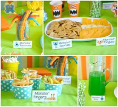 this is an image of a monster themed birthday party with food and drink options on the table