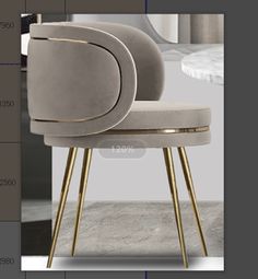 the side view of a chair with gold legs and a round back rest on a marble floor