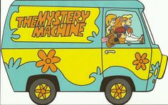 the mystery machine van is painted yellow and blue with cartoon characters on it's side