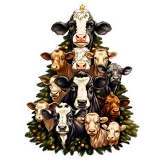 a group of cows standing next to each other in front of a christmas tree with an ornament on it