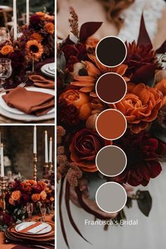 an image of a table setting with flowers and candles in the center, oranges and browns