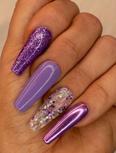 Purple And Silver Chrome Nails, Purple And Chrome Nails, Winter Ball Nails, Purple And Silver Nails Acrylic, Electric Purple Nails, Classy Purple Nails, Purple Almond Nails Design, Metallic Acrylic Nails