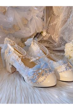 White Deer Floral Design White Beads Decorated High Heels Princess Heels, Party High Heels, Mary Jane Heels, Sweet Lolita, Blue Pearl