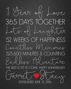 a chalkboard with writing on it that says, 1 year of love 365 days together