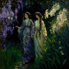 two women are walking down a path in the grass with flowers on either side of them