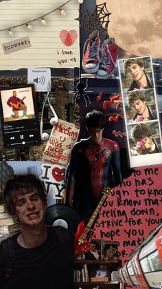 a collage of photos with the theme of spider - man and his guitar hero