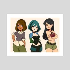 three cartoon girls standing next to each other