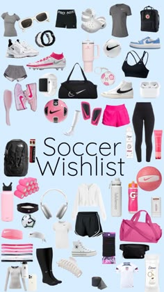 a poster with the words soccer wishlist surrounded by various sports related items and accessories