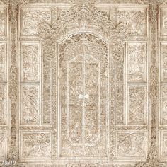 an intricately designed wallpaper with ornate carvings on the walls and doors, in sepia