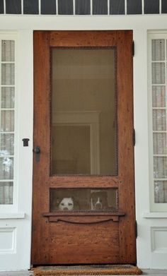 a wooden door with two glass panes on it