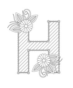 the letter h with flowers and leaves on it is outlined in black and white ink