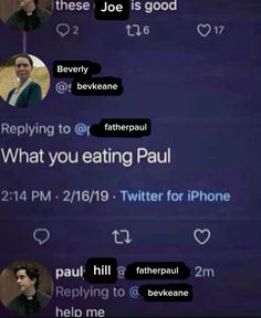 two people texting on their cell phones with the caption'what you eating paul? '