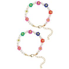 two bracelets with flowers and pearls are shown on a white background, one has a gold chain