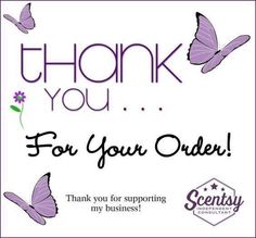 a thank card with purple butterflies and the words thank you for your order