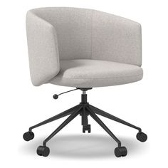 a grey office chair with wheels and casteors on an isolated white background, viewed from the front