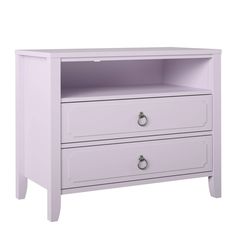 a white nightstand with two drawers on one side and an open drawer on the other