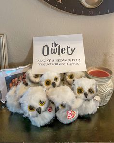 several stuffed owls sitting on top of a table next to a sign that says the owlery