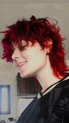 Red Hair Mullet Men, Grunge Mullet Curly, Hair Color Crazy Short Funky Hairstyles, Grunge Mullet Shaved Sides, Red Short Hair Ideas, Hair Color Mullet, Dyed Hair Mullet, Red Grunge Hair, Red Haircut Ideas